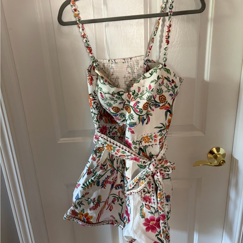 FARM Rio White Floral Smocked Romper with Multicolor Print
